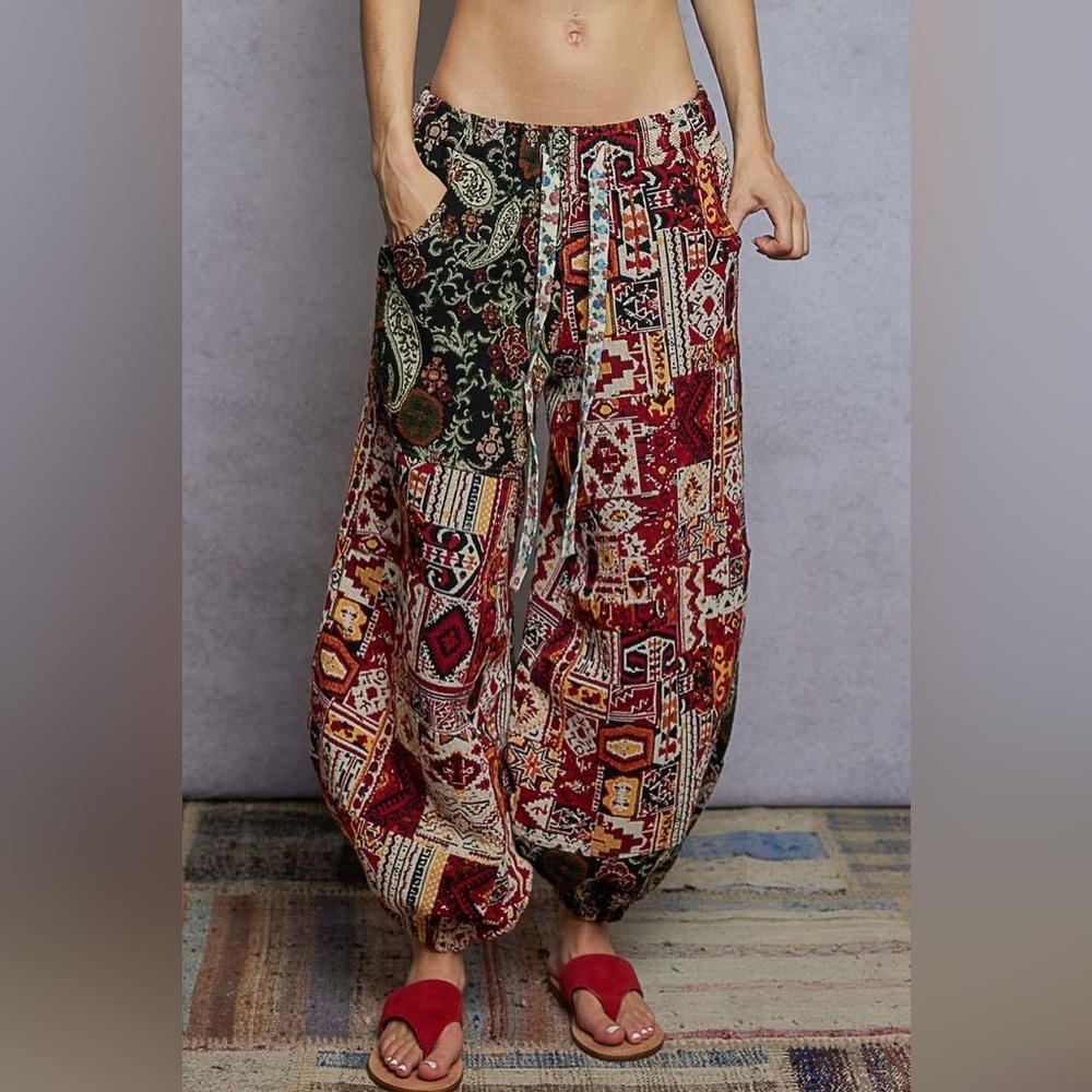 POL Red Aztec Tapestry Balloon Pants